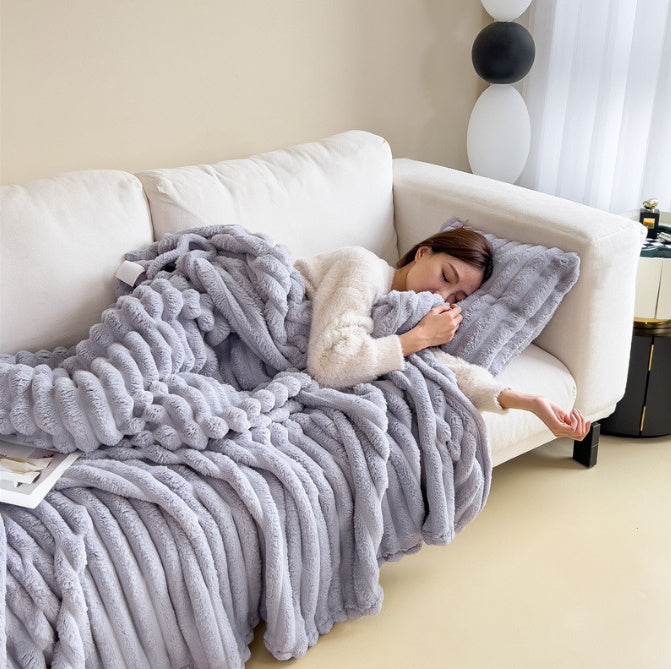 Soft Wind Bubble Velvet Blanket Warm Solid Rabbit Fur Blankets Double-sided Thickening Cover Throw Warm Fur Blanket - VELORIA