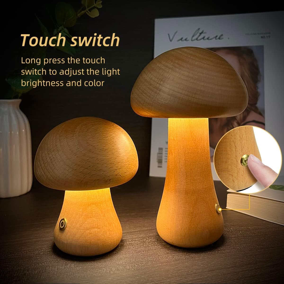 INS Wooden Cute Mushroom LED Night Light With Touch Switch  Bedside Table Lamp For Bedroom Childrens Room Sleeping Night Lamps Home Decor - VELORIA